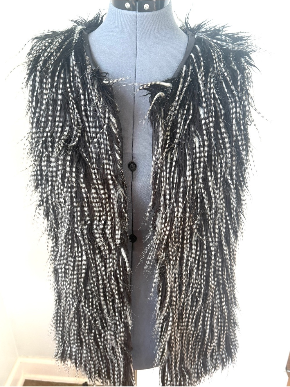 Miss London Sz M Shaggy Black & White Faux Fur Vest & Leather
Sides Austin Power